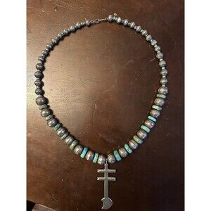 VTG Native American Silver Turquoise Bead Necklace Isleta Cross Dragonfly